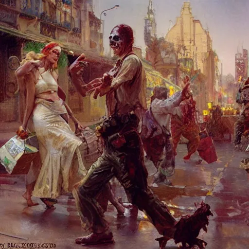 Image similar to a couple of zombies doing weekly shopping and arguing about the milk prices by by gaston bussiere, craig mullins, j. c. leyendecker