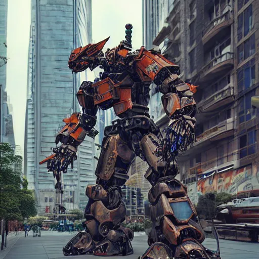 Image similar to a beautiful hyperrealistic ultradetailed 3D render of a samurai guitarist battle mecha standing in the city, by brian sum and stephen martiniere and Antonio Manzanedo. mech, dragon, unreal engine, octane render, PBR, 3D, brilliantly colored, intricate, wide angle, volumetric lighting, polished, path tracing
