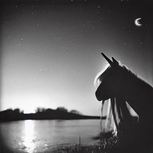 Image similar to photograph taken by a rolleiflex tlr, 1 2 0 mm, portrait, a unicorn, sunset, shot by ryan mcginley, moon in sky, night time