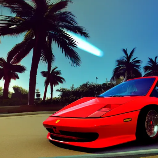 Image similar to a 3D render depicting Outrun videogame. Car. Red Ferrari. Palm trees. Horizon. Unreal Engine. Octane Render. Vray. Arnold Render. Car Shader. 80s Videogame.