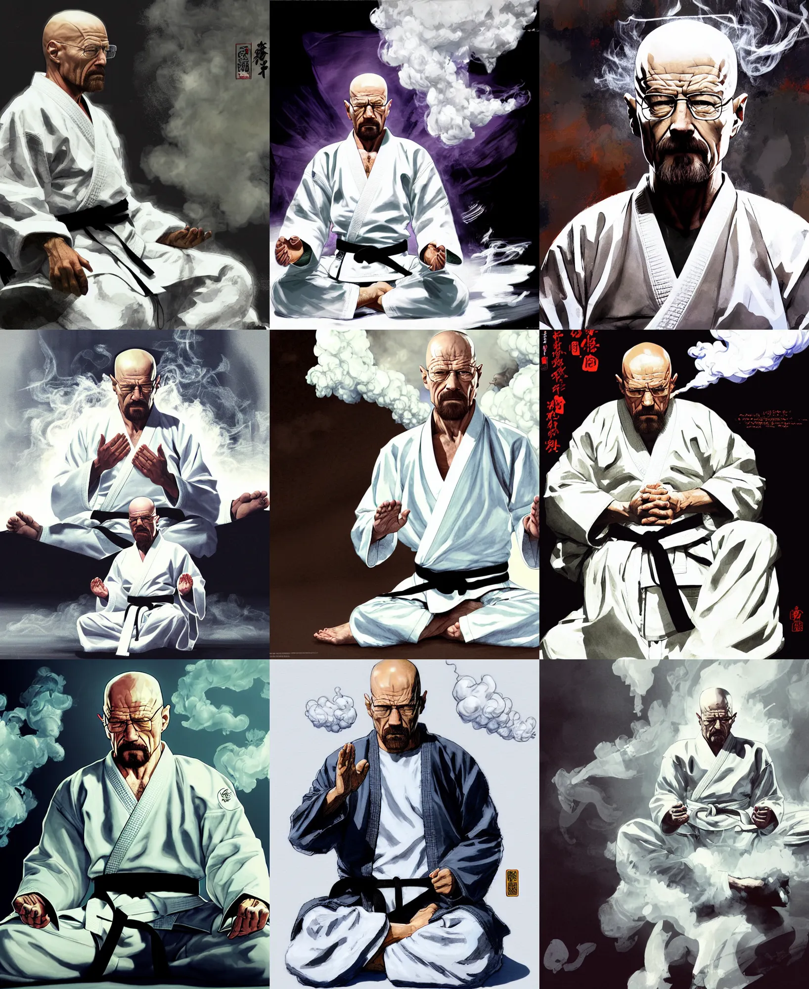 Prompt: Concept art of grandmaster walter white wearing a white martial artist gi, sitting down meditating with eyes closed, bald head and white beard, surrounded by white smoke, smoke fills the area, plain background, by Chen Uen, art by Yoji Shinkawa, 4k