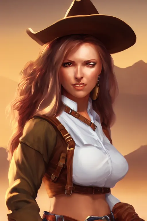 Image similar to full body, female cowgirl, perfect face, white blouse, 8 k, magic the gathering, desert, d & d, artstation, high detail, smooth, muscular