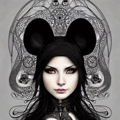 Image similar to a photograpic portrait of a anthropomorphic mouse wearing black clothes, black hair, grey skin, grey mouse ears, fantasy, intricate, elegant, highly detailed, digital painting, artstation, smooth, sharp focus, illustration, art by artgerm and H R Giger and alphonse mucha