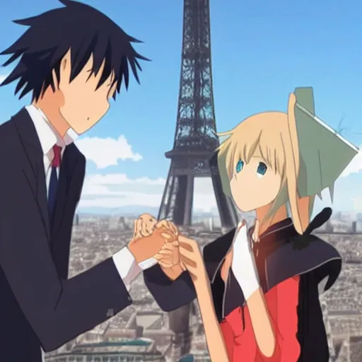 Prompt: Hikigaya Hachiman holding hands with Zero Two in front of the Eiffel Tower