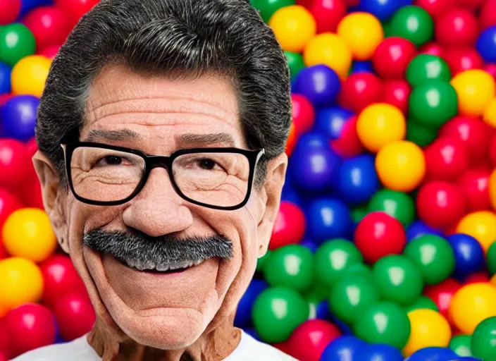 Image similar to photo still of geraldo rivera in a ball pit!!!!!!!! at age 6 6 years old 6 6 years of age!!!!!!!! hiding from parents, 8 k, 8 5 mm f 1. 8, studio lighting, rim light, right side key light