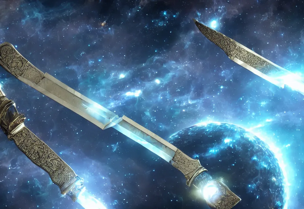 Image similar to a holographic metal sword floating in space reflecting the destruction of the universe, intricate unreal engine 5 creation