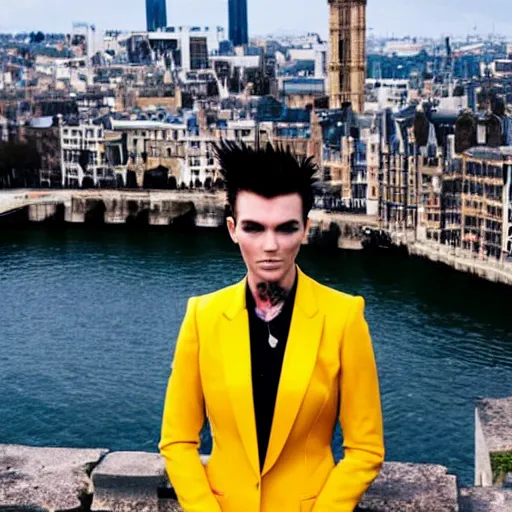 Prompt: photograph of Ruby Rose with spiky red hair and wearing gold contact lenses and dressed in a blue men's suit with a yellow tie, standing on a stone bridge with a city of stone towers in the background