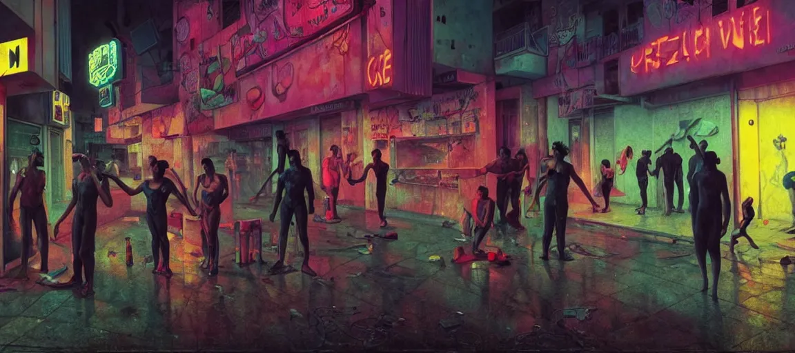 Image similar to weird and disturbing portrait of violent crime in the streets of tel aviv, vivid colors, neon, art by gregory crewdson and artgerm and wlop and william - adolphe bouguereau
