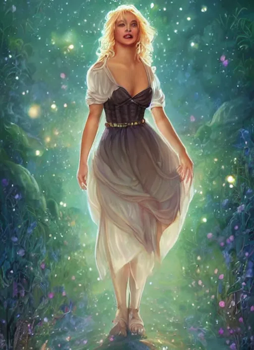 Prompt: britney spears with short curly brown hair with a happy expression wearing a summer dress dancing with fireflies, she is in the distance. beautiful fantasy art by Charlie Bowater.