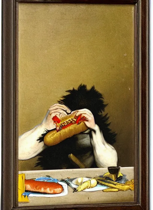 Image similar to saturn devouring his hot dog by francisco goya