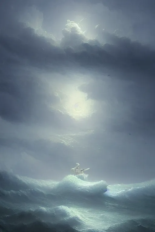 Image similar to Intricate stunning highly detailed water deity emerging from a stormy ocean by Ivan Aivazovsky, Greg Rutkowski , surreal, digital painting, ultra realistic, beautiful lighting, full moon, thick swirling tornado, artstation