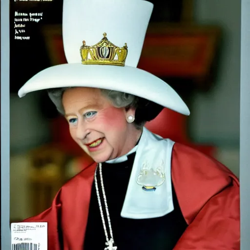 Prompt: magazine cover photo of Elizabeth II using pope's miter, pope hat, portrait photo by Slim Aarons in 1965 TIMES magazine cover photo, color