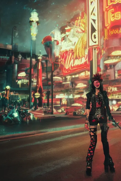Image similar to full body portrait of a blood punk on the Las Vegas strip at night by tom bagshaw, cinematic, hyper realism, high detail, octane render, 8k, trending on artstation, CGsociety, concept art, 35mm, kodak portra