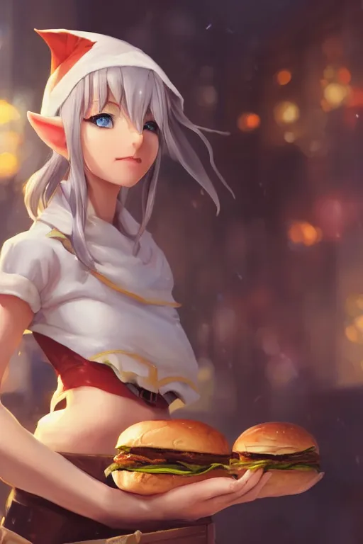 Image similar to adorable elf girl holding a burger, single subject, medium shot, ambient lighting, white hair, detailed face, by makoto shinkai, stanley artgerm lau, wlop, rossdraws