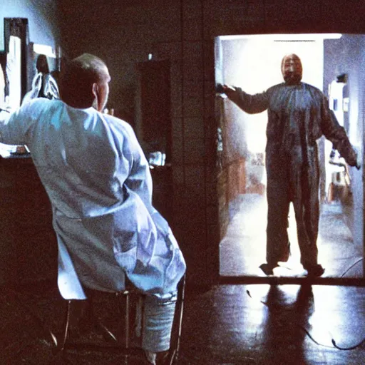 Image similar to filmic extreme wide shot dutch angle movie still 35mm film color photograph of a doctor getting his head sliced clean in half, dripping blood, in the style of an intense nightmarish realistic very disturbing extreme horror film