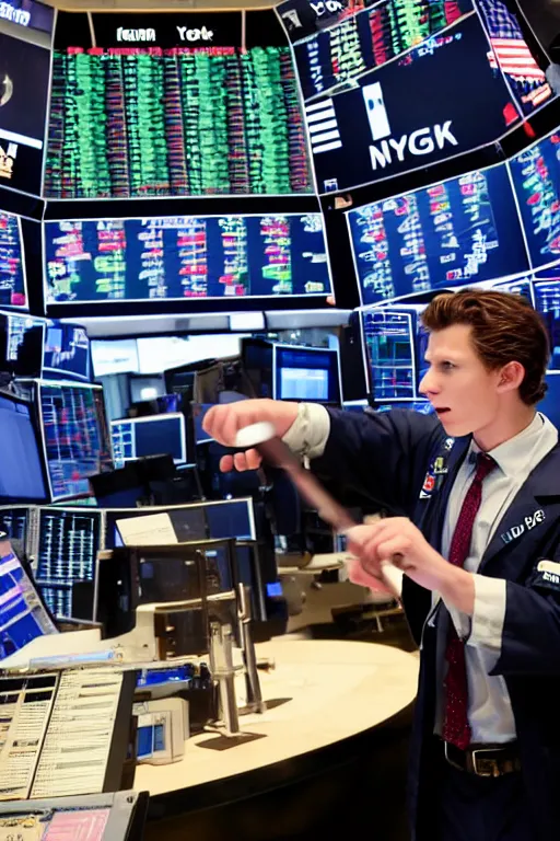 Prompt: tom holland rings the opening bell at the new york stock exchange trading floor, 3 5 mm photography, highly detailed, cinematic lighting, 4 k