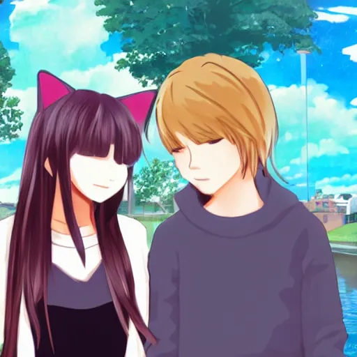 Image similar to a teenage girl and a teenage boy and a cat, in the Netherlands, Anime Outro