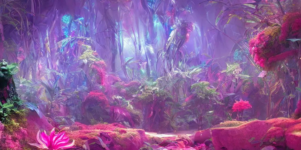 Image similar to Beautiful futuristic crystal sculpture in jungle with big wild flowers, soft neon lights, bright colors, cinematic, smooth, chrome, dramatic, fantasy, by Moebius, by Zdzisław Beksiński, high contrast, epic composition, sci-fi, dreamlike, surreal, angelic, 8k, unreal engine, hyper realistic, fantasy concept art, XF IQ4, 150MP, 50mm, F1.4, ISO 200, 1/160s, natural light, Adobe Lightroom, photolab, Affinity Photo, PhotoDirector 365