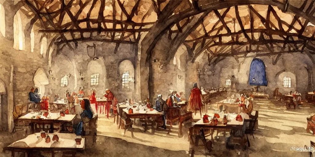 Prompt: medieval dining hall, exquisite masterpiece watercolor painting, trending on artstation