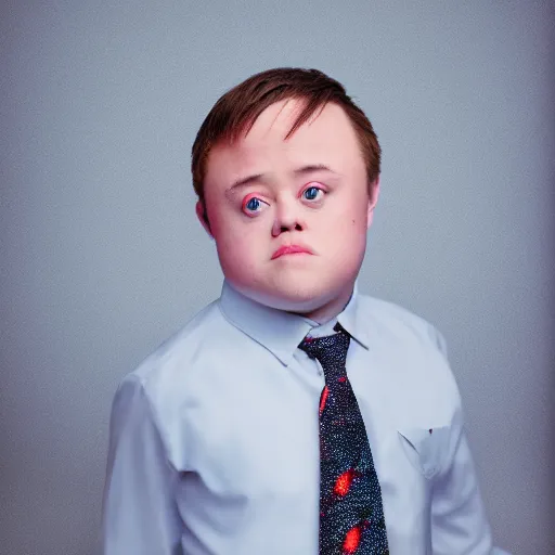 Image similar to 4 k editorial photograph of down syndrome midget alex jones, sharp focus, soft lighting, edge lighting, studio portrait, 1 3 mm film color grading