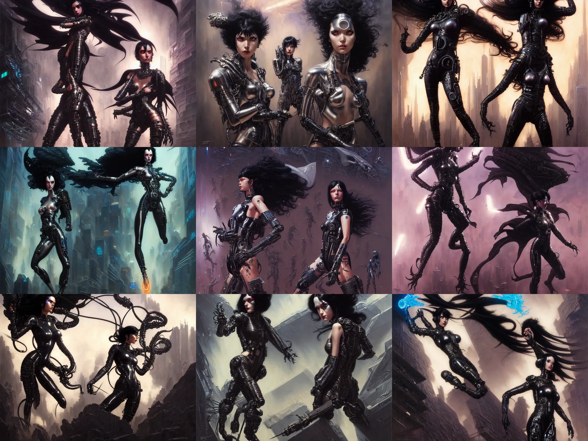 Image similar to jet black haired cyberpunk girl, superhero, dramatic lighting, ultra realistic, intricate details, the fifth element artifacts, highly detailed by peter mohrbacher, allen williams, hajime sorayama, wayne barlowe, boris vallejo, aaron horkey, gaston bussiere,