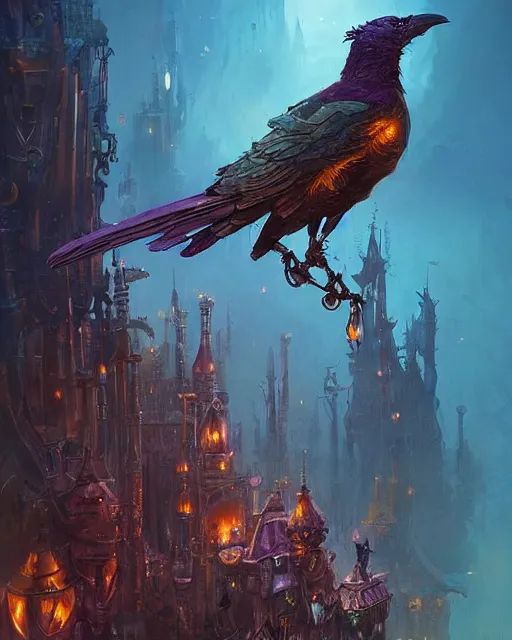 Image similar to a close - up stunning fantasy scene of a steampunk crow | highly detailed | very intricate | disney | magic the gathering | steampunk | dramatic romantic epic breathtaking whimsical magical | professional cinematic lighting | award - winning | painted by marc simonetti and anton fadeev and paul lehr and rhads and alena aenami | pastel color palette | featured on artstation