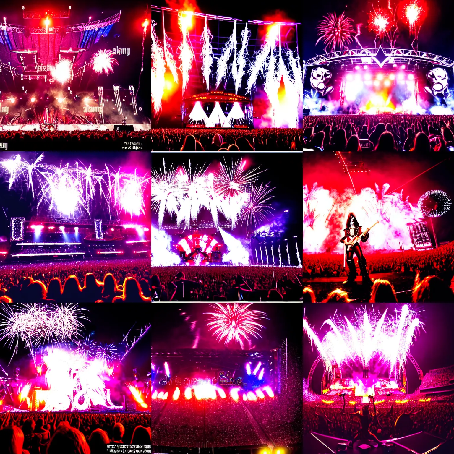 Prompt: legendary kiss metal band reunion concert on a stadium. detailed photo at the stage whith fireworks on a background. 3 5 mm trending