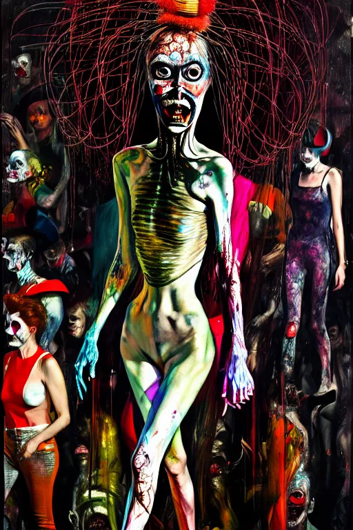 Image similar to crazy fashion catwalk, freak show, crazy clothes, biopunk style, horror, hauntingly surreal, highly detailed painting by francis bacon, edward hopper, adrian ghenie, gerhard richter, and james jean soft light 4 k,