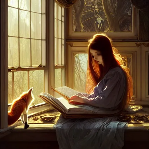 Prompt: Portrait of a girl and a fox in a cozy windowed study, reading a book while light streams in through the skylight, fantasy, intricate, elegant, highly detailed, digital painting, artstation, concept art, smooth, sharp focus, illustration, art by Krenz Cushart and Artem Demura and alphonse mucha