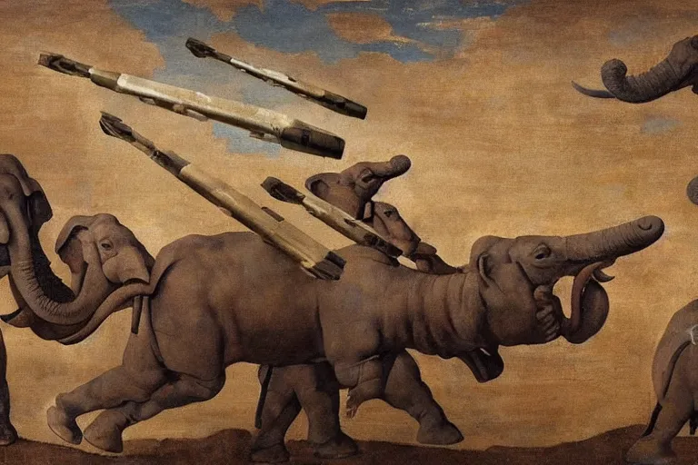 Prompt: “a Hellenistic painting of Lockheed Martin designed war elephants with missiles strapped to them, virtuoso, masterpiece, 8k, Michelangelo”