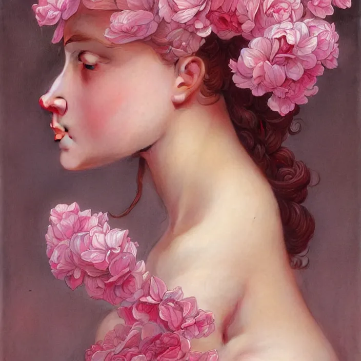 Image similar to pink petals with a shape of a human body, intricate, elegant, highly detailed, wonderful eyes, sweet, digital painting, artstation, concept art, smooth, sharp focus, illustration, art by artgerm and greg rutkowski and alphonse mucha and william - adolphe bouguereau