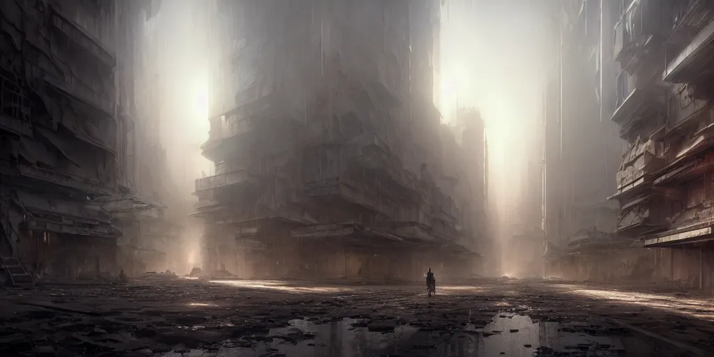 Image similar to an abandoned dystopian city, by federico pelat and craig mullins, parametric architecture, by michael weisheim beresin and james paick and stephan martiniere, concept art, hyperrealism, 8 k resolution, octane render, cinematic, ominous, intricate details, volumetric lighting, misty