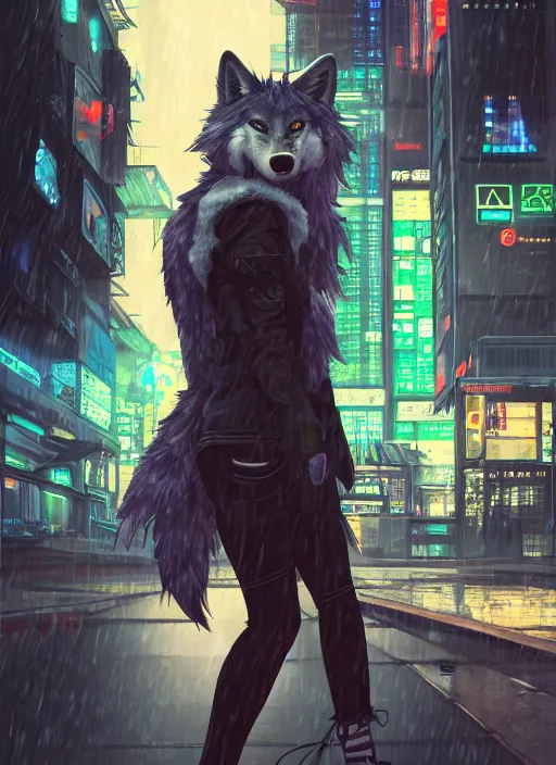 Image similar to character portrait of a male anthro wolf fursona with a tail and a cute beautiful attractive detailed furry face wearing stylish cyberpunk clothes in a cyberpunk city at night while it rains. hidari, color page, tankoban, 4K, tone mapping, Akihiko Yoshida.