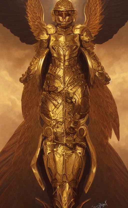 Image similar to Portrait of an archangel with golden wings, heavy armor and helmet, confident, heaven background, intricate, headshot, highly detailed, digital painting, artstation, concept art, sharp focus, cinematic lighting, illustration, art by artgerm and greg rutkowski, alphonse mucha, cgsociety