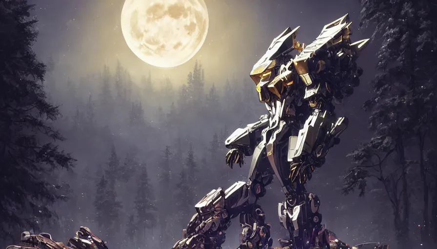 Image similar to large walking mech covered in reflective gold and silver armor, 'bubblegum crisis' and horizon zero dawn aesthetic, beautiful moon lit night, many glowing lights, beautiful forests and trees, intricate detail, epic wallpaper, art by darek zabrocki and John Park and Feng Zhu and Jason Chan, trending on artstation, masterpiece.