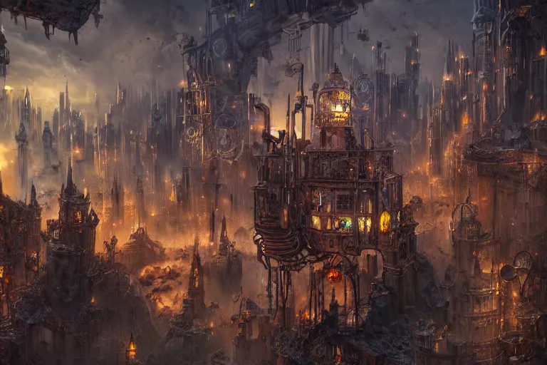 Prompt: Landscape imagery of a city mixed of technology and magic, wizards and machines, steampunk, dungeons and dragons, artificer, 8k, realistic,