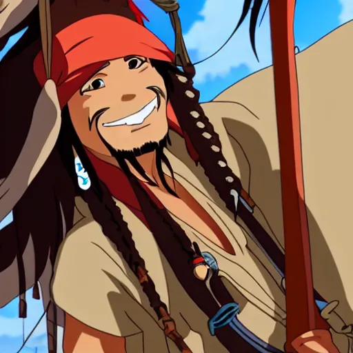 Image similar to Jack Sparrow as an anime character from Studio Ghibli. Beautiful. 4K.