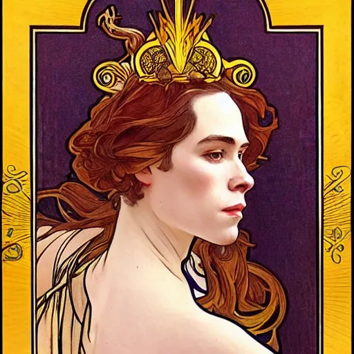 Image similar to sara paulson portrait by louis - theophile hingre and alphonse mucha, realistic, sharp focus, zodiac signs, tarot cards, planets, ethereal, art nouveau, magic, moon, sun, crown, dreamy, royal, jewellery