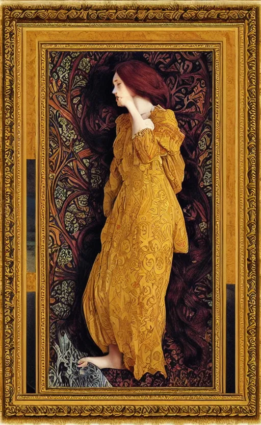 Image similar to full body reclining masterpiece of preraphaelite portrait photography, brown hair fringe, yellow ochre ornate medieval dress, william morris and kilian eng and mucha, framed, 4 k