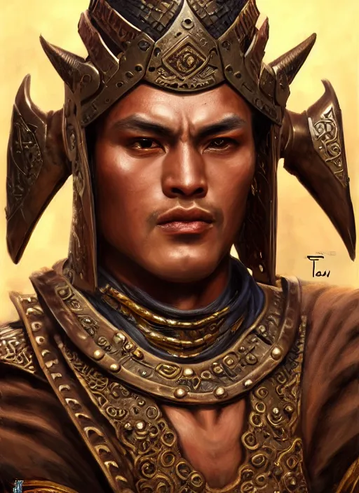 Prompt: smart tai warlord, closeup portrait, historical, ethnic group, sukhothai costume, bronze headset, fantasy, intricate, with leather armor cross on bare chest, tai body tattoo, elegant, loin cloth, highly detailed, oil painting, artstation, concept art, matte, sharp focus, illustration, hearthstone, art by earl norem