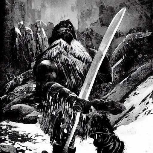 Image similar to norse troll blacksmith with sledgehammer profile portrait half body monochrome portrait hammer cover illustration dramatic kvlt by peder balke by peder balke by guido crepax by norman bluhm mystic high contrast monochromatic norway