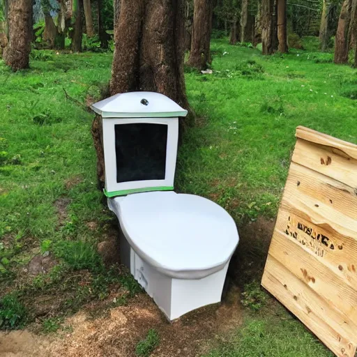 Prompt: Shrek go out from outdoor toilet