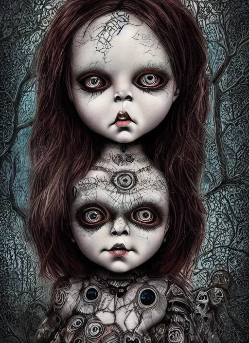 Prompt: portrait of a creepy doll, obsidian eyes, intricate, highly detailed, smooth, digital illustration, the dark and quirky art of scott radke