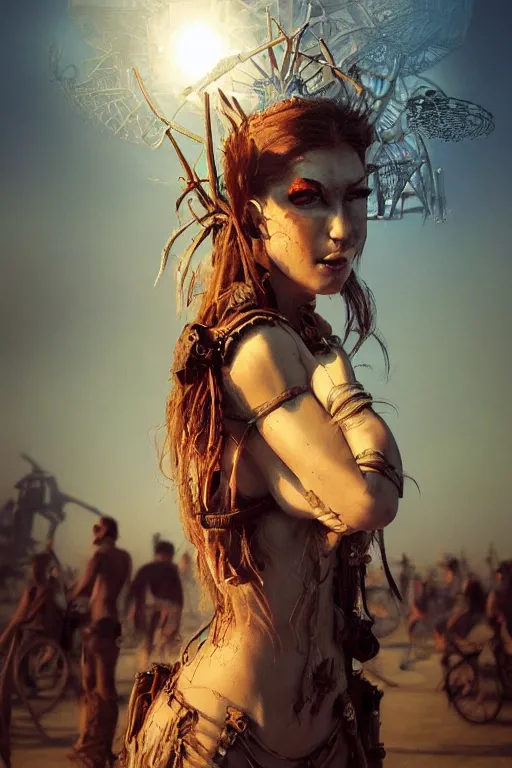 Image similar to a centered photo of a post apocalyptic goddess at burning man festival playa, powerful, cinematic, beautifully lit, by artgerm, by craig mullins, by karol bak, 3 d, perfect face and body, trending on artstation, octane render, 8 k