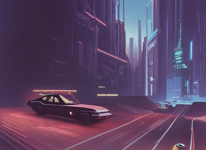 Image similar to a car driving down a street next to building the night, cyberpunk art by Chesley Bonestell, cgsociety, retrofuturism, matte painting, reimagined by industrial light and magic