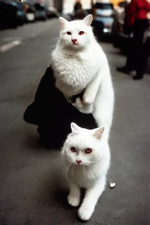 Prompt: leica s photograph, flashpoint flash, bruce gilden, kodachrome film, subject is a white furry cat in nyc