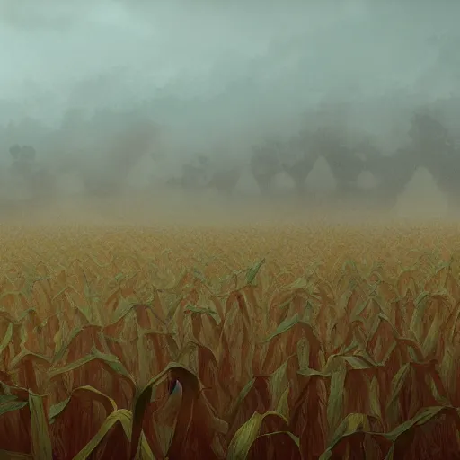 Image similar to demons inside a corn field, foggy, artstation