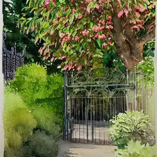 Image similar to delicate, monkey on chairs, garden, paved, botanic watercolors, iridescent, 8 k, realistic shaded, fine details, artstation, italian, iron gate, tree, mediterranean, marvelous