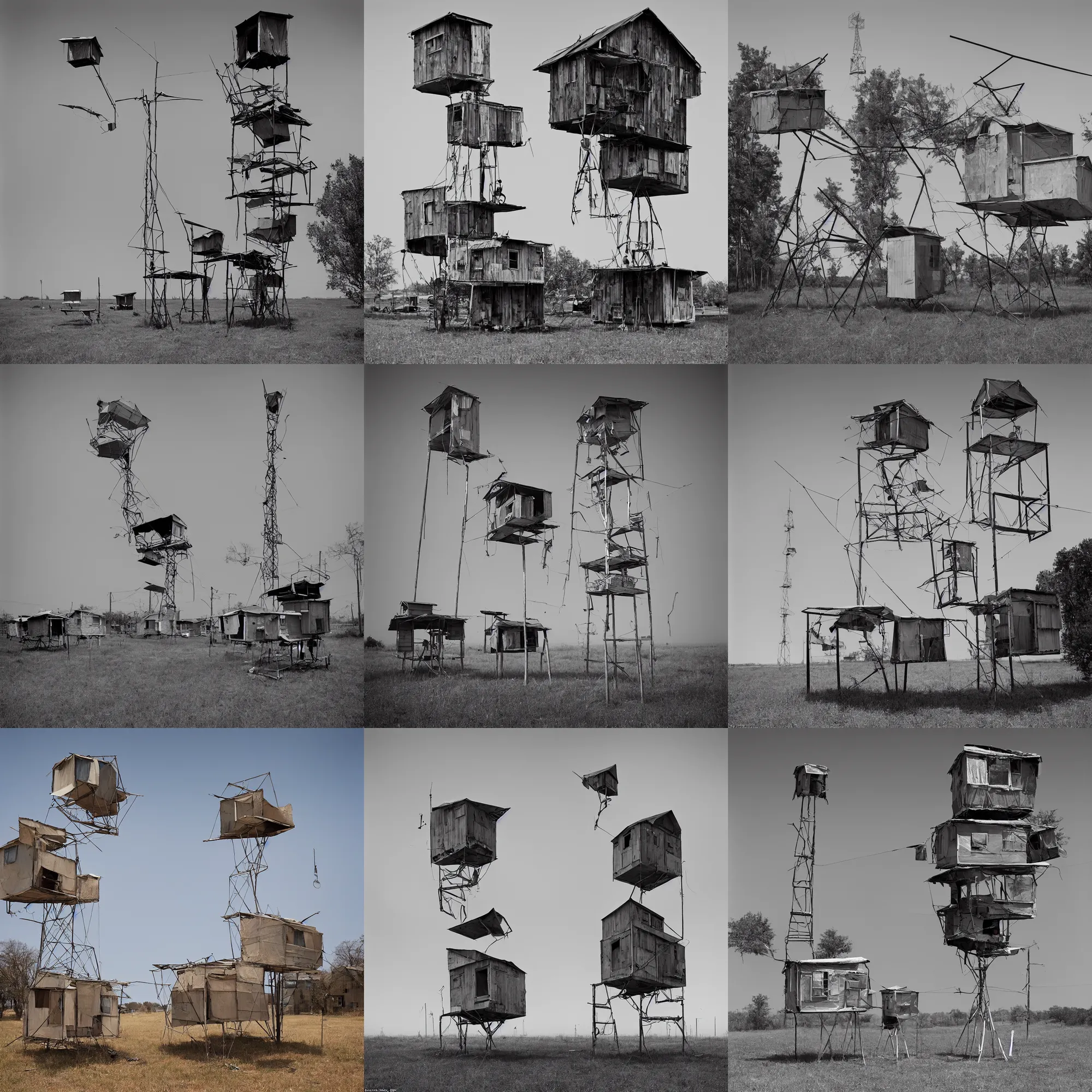 Prompt: a suspended tower made up of metal makeshift squatter shacks with tv antennas, mamiya, f 1 1, fully frontal view, uniform plain sky, photographed by julie blackmon