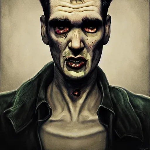 Image similar to portrait of a slim of morrissey from the smiths as a zombie with a quiff, 7 days to die zombie, fine art, award winning, intricate, elegant, sharp focus, cinematic lighting, digital painting, 8 k concept art, art by z. w. gu, art by brom, art by michael hussar, 8 k